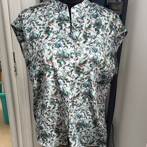 Elie Tahari White Blouse with Green Floral Print